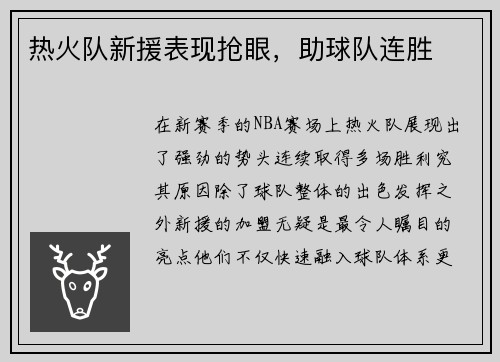 热火队新援表现抢眼，助球队连胜